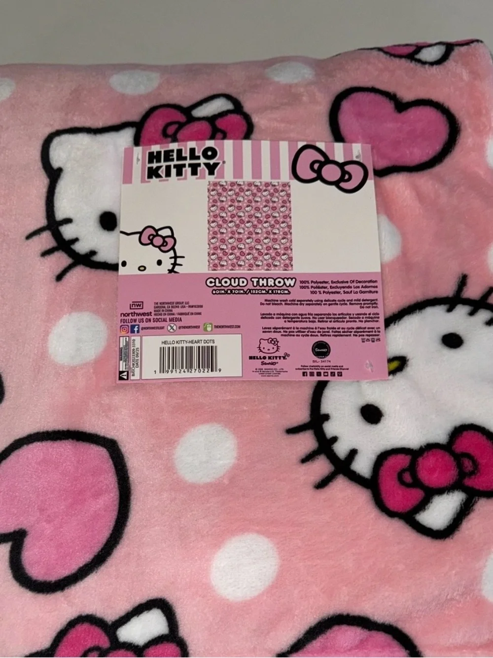 Hello Kitty Pink Hearts and Polka Dots Oversized Cloud Throw Blanket